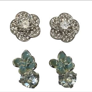 FLOWER EARRINGS SILVER TONE STUDS FAUX DIAMONDS (TWO PAIRS)